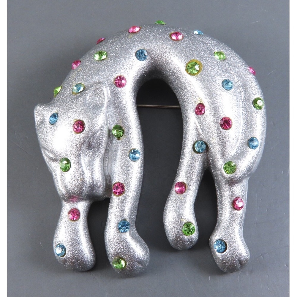 VTG PANTHER CAT BROOCH PIN Shimmery Silver w/MULTI-COLOR RHINESTONE Spots/Dots